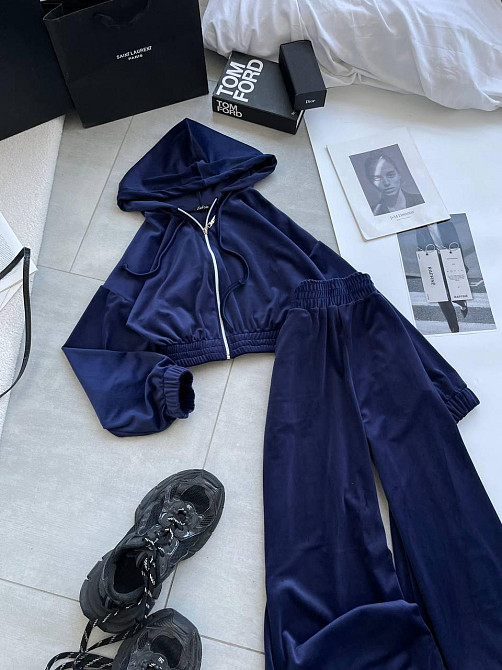 Женский прогулочный оверсайз костюм двойка: кофта и штаны турецкий велюр. Темно-синий Одесса - изображение 2