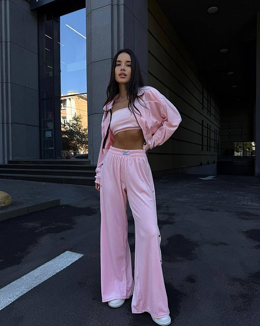 Жіночий теплий стильний костюм-трійка з м'якого велюру. Рожевий, 46/48 Одеса - фото 3