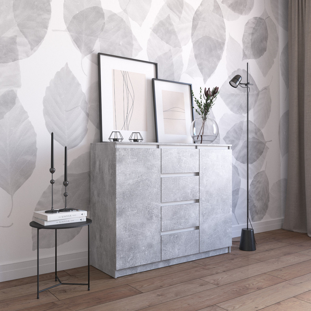 Комод VAYS R-11 Бетон-Білі планки, 4 шухляди та 2 відділення з полицями, без ручок, ЛДСП, 120×40×98 см - для спальні, вітальні, передпокою Львів - фото 1