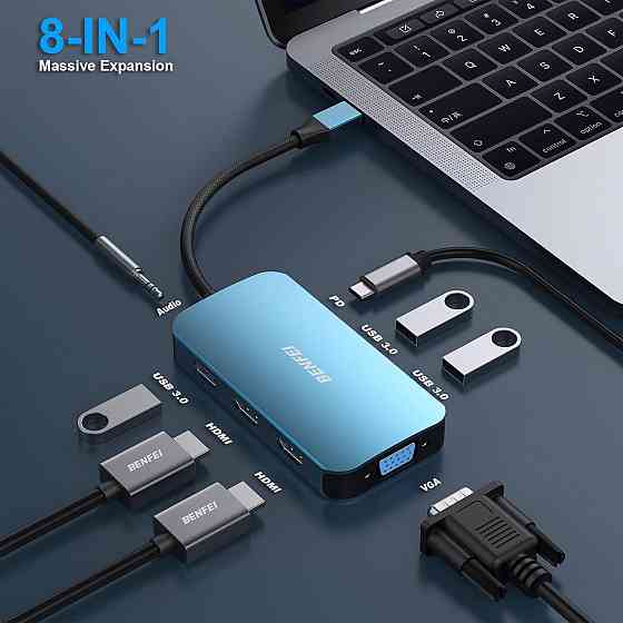 Хаб 8в1 BENFEI USB C концентратор, док-станція з потрійним дисплеєм, 2 HDMI, VGA, 3 USB 3.0, 100 Вт, 3,5-мм AUX аудіо Київ