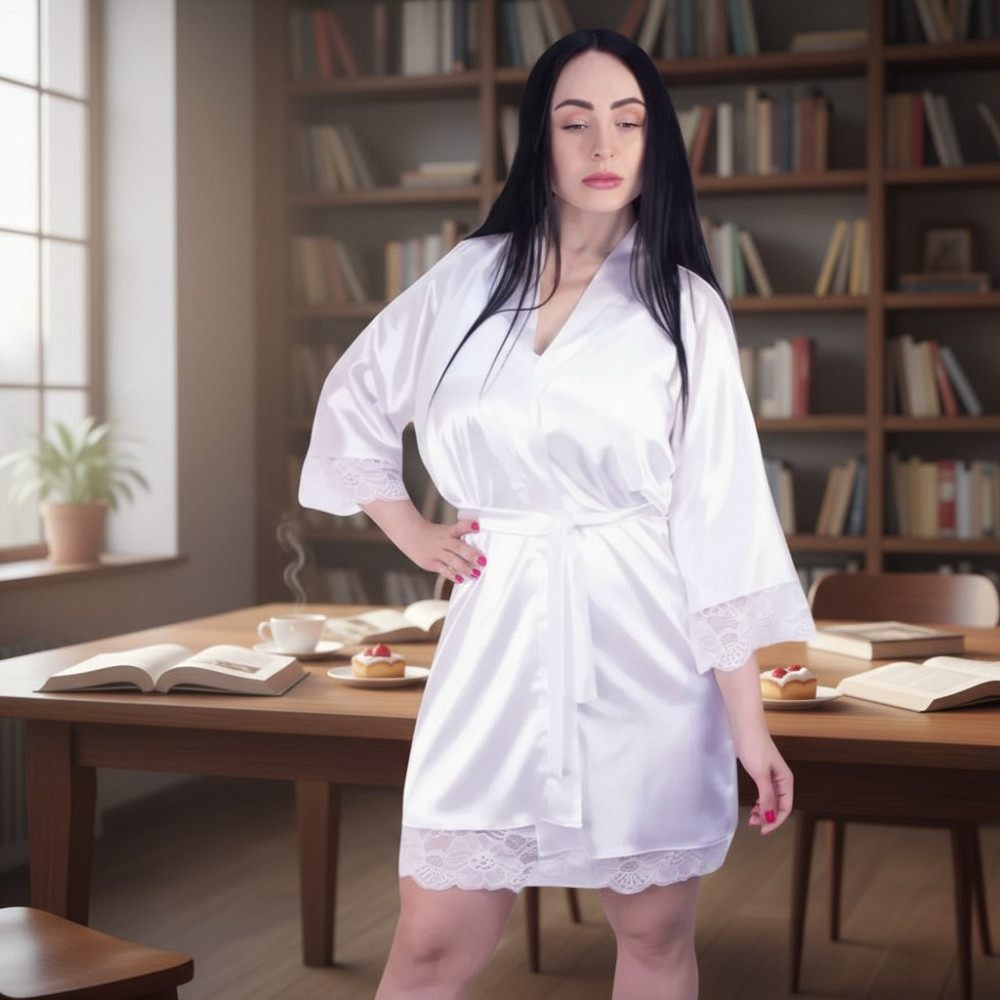 Халат жіночий атласний з мереживом Білий XS/S Харків - фото 2