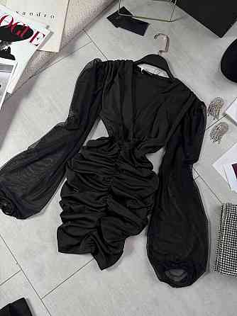 Женское драпированное черное мини платье микродайвинг + сетка Одесса