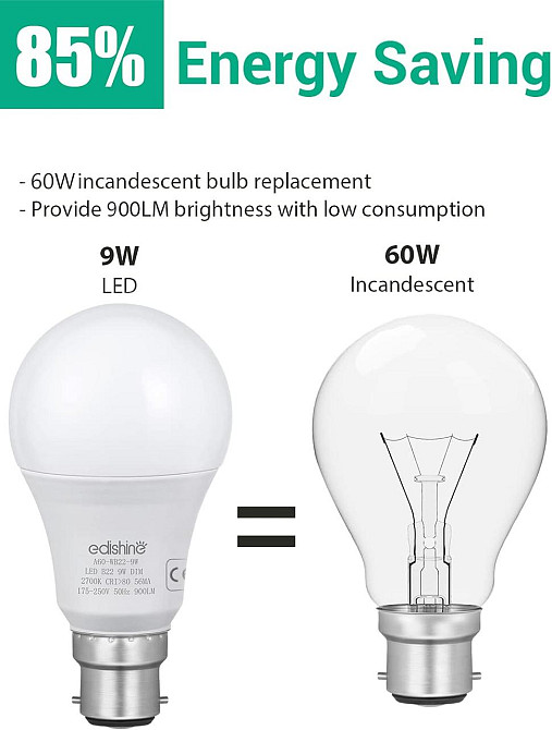 Светодиодные лампы EDISHINE B22 A60 10 Вт, 800 лм, 2700K, диммируемые 10–100%, аналог 60 Вт, 6 шт Киев - изображение 5