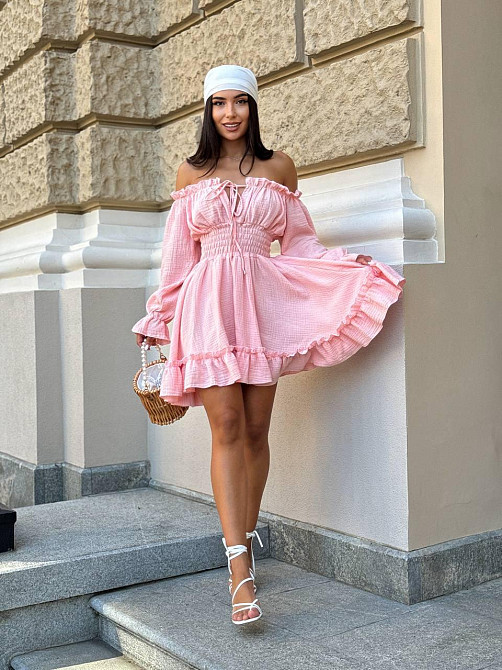 Женское летнее романтичное мини платье натуральный муслин Розовый, 46/48 Одесса - изображение 8