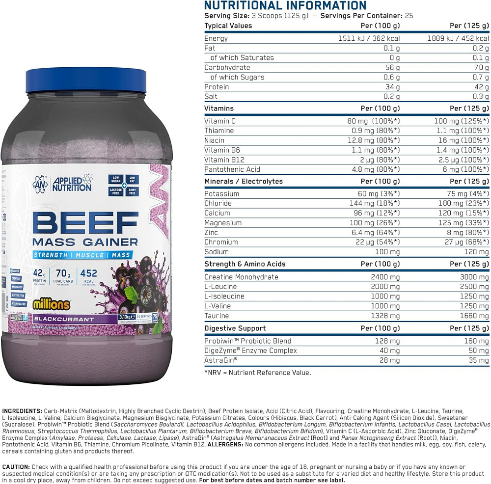 Гейнер Applied Nutrition Beef Mass Gainer 3130 г, BLACKCURRANT MILLIONS Луцк - изображение 2