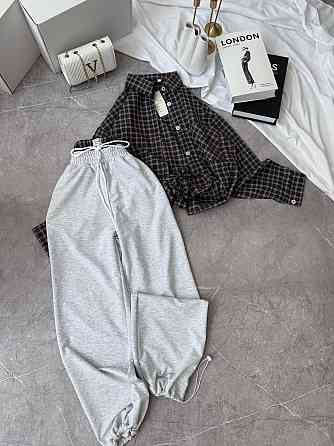 Женский повседневный костюм двойка: рубашка в клетку и штаны фланель + двунитка Шоколад 2, 48/52 Одесса