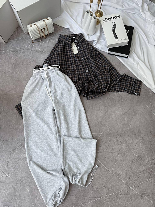 Женский повседневный костюм двойка: рубашка в клетку и штаны фланель + двунитка Шоколад 2, 48/52 Одесса - изображение 3