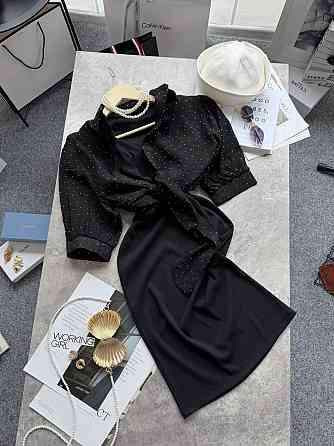 Жіночий стильний романтичний комплект сарафан + сорочка зі стразами рубчик мустанг Чорний, 48/50 Одеса