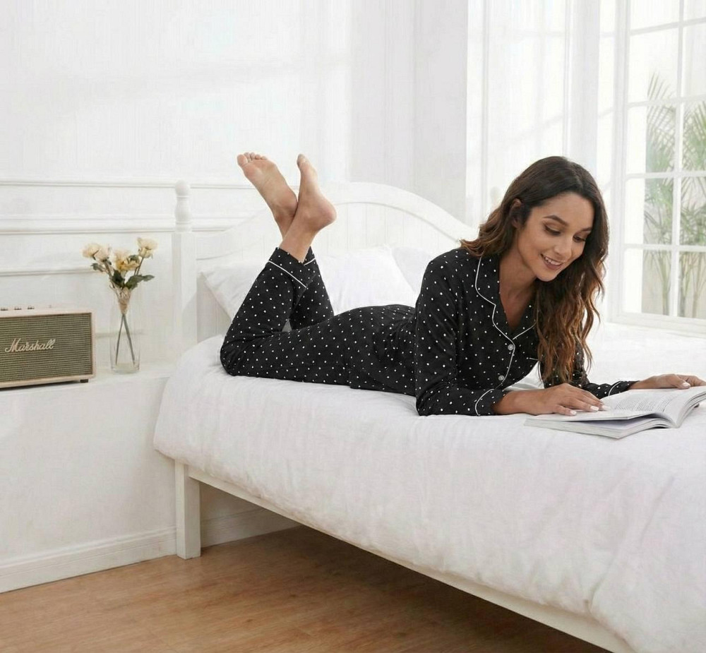 Жіноча чорна піжама трійка в горошок трикотаж бамбук Одеса - фото 6