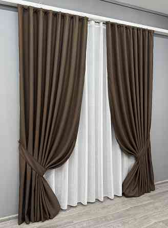 Комплект штор VR-Textil рогожка преміум TERRA LUXE 150х270 2шт і Тюль 400х270 1861ш-115т шоколадний з білим 71-079/3 Київ