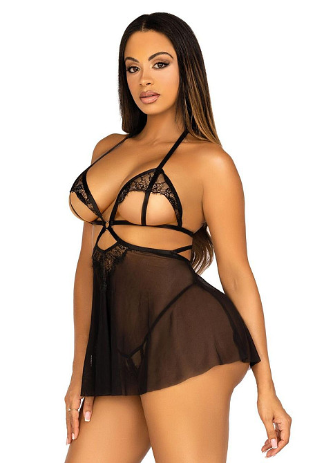Сорочка бебі-дол з відкритими чашками Leg Avenue Lace and mesh babydoll & panty Black M, стрінги Sex Aura Київ - фото 6