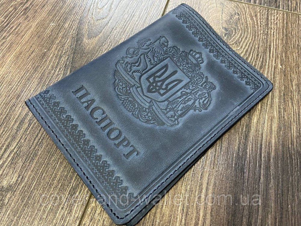 Шкіряна обкладинка на паспорт України з тризубом синього кольору ST Київ - фото 4
