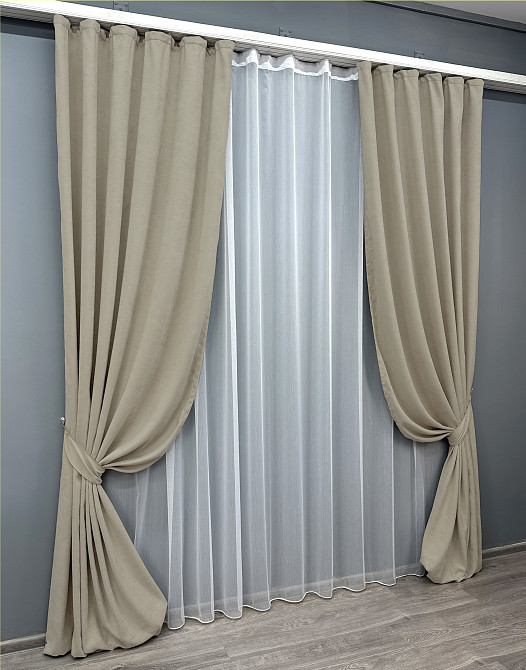 Комплект штор VR-Textil Мікровелюр Petek 200х270 2шт і Тюль 600х270 1488ш-1153т Бежевий з білим 71-057/7 Київ - фото 2