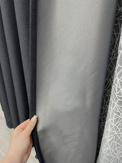 Комплект штор VR-Textil Льон Мішковина 150х270 2шт і Тюль 600х270 1161ш-1672т Графітовий з білим 71-163/5 Київ - фото 5