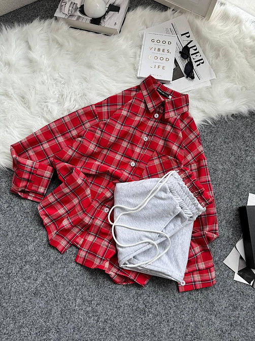 Женский повседневный костюм двойка: рубашка в клетку и штаны фланель + двунитка. Красный, 42/46 Одесса - изображение 5