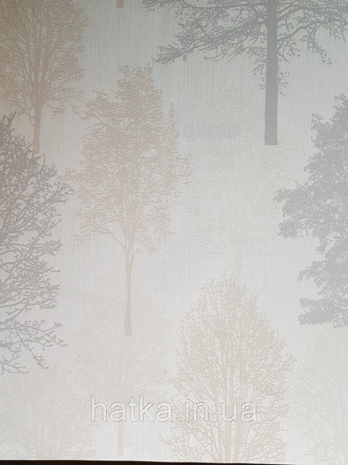 Шпалери вінілові на флізелін Marburg 82214 Giulia дерева сірі коричневі на бежевим з сріблом 3д Київ - фото 3