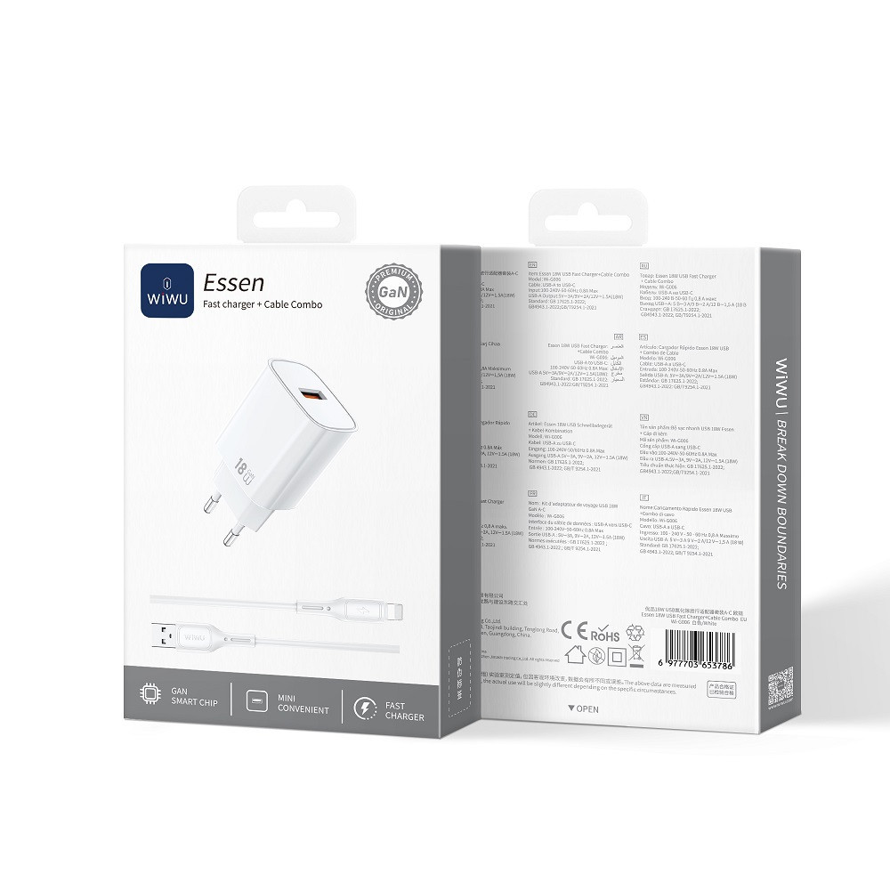 Сетевое зарядное устройство с кабелем WIWU 18W Essen GaN Fast Charger + Cable Combo Wi-G006 A-L EU White Одесса - изображение 2