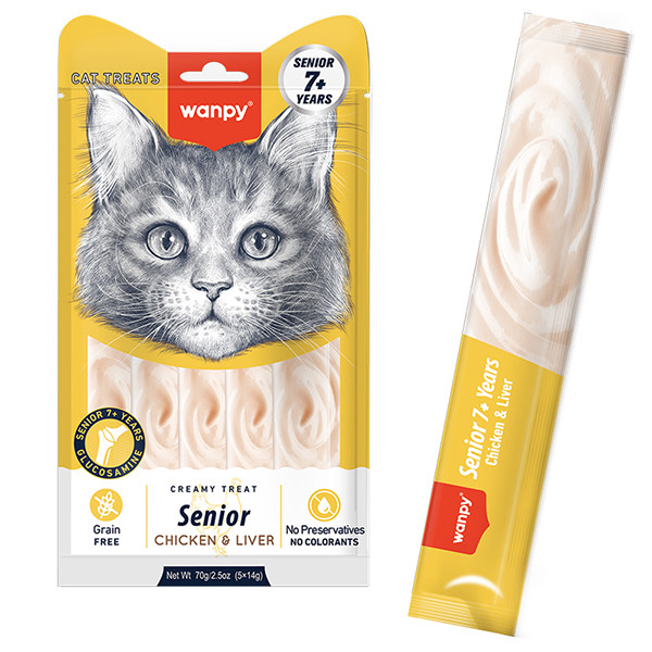 Wanpy Creamy Lickable Treats Senior Chicken & Liver ВАНПИ КУРИЦА С ПЕЧЕНЬЮ ДЛЯ ПОЖИЛЫХ КОТОВ жидкое лакомство с лактобактериями и глюкозамином, 14гх5о Киев - изображение 1