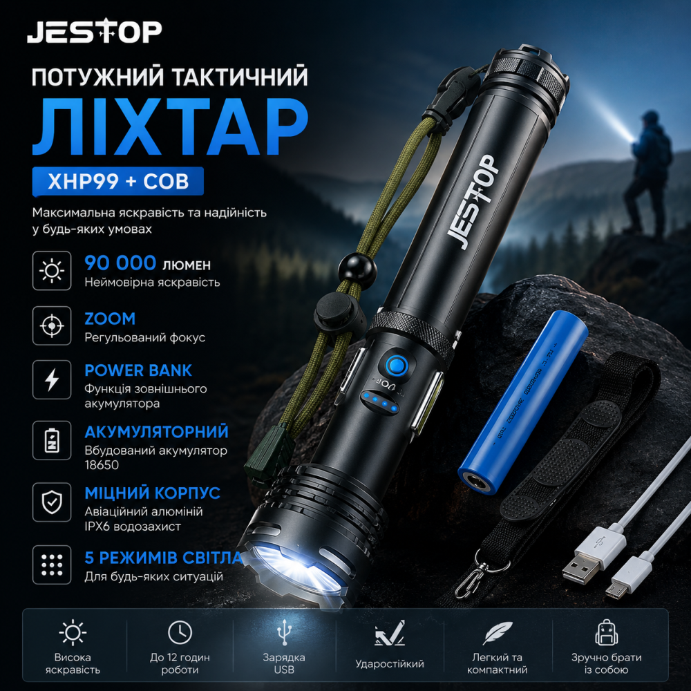 Потужний тактичний ліхтар JESTOP XHP99 + COB, 90 000 люмен, Zoom, Power Bank, USB-акумуляторний Київ - фото 1