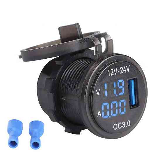 Гніздо прикурювача P11B USB QC 3,0 вольтметр/амперметр врізне з кришкою та синьою підсвіткою 12/24V Харків