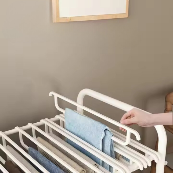 Вешалка для одежды штанов и юбок на 22 пары напольная,на колесах передвижная с полкой для обуви белая Каменец-Подольский