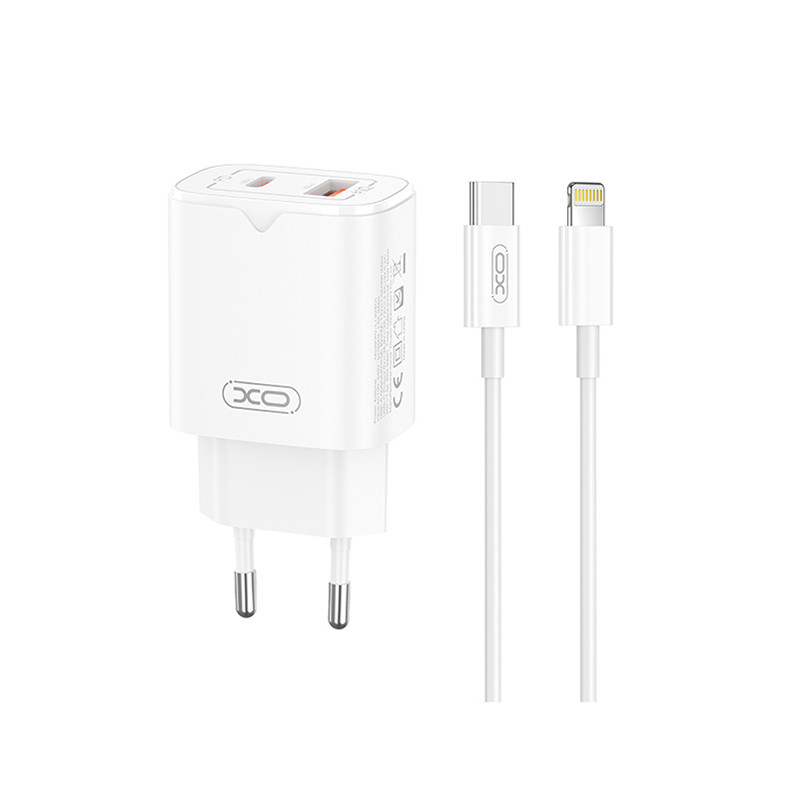 Мережевий зарядний пристрій XO L130 PD30W/QC18W 1USB-C+1USB-A + Lightning кабель білий Львів - фото 1