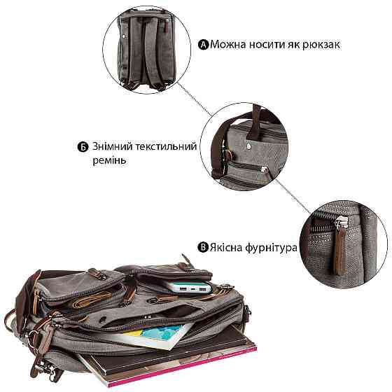 Сумка-трансофрмер текстильная Vintage 20145 Серая Киев