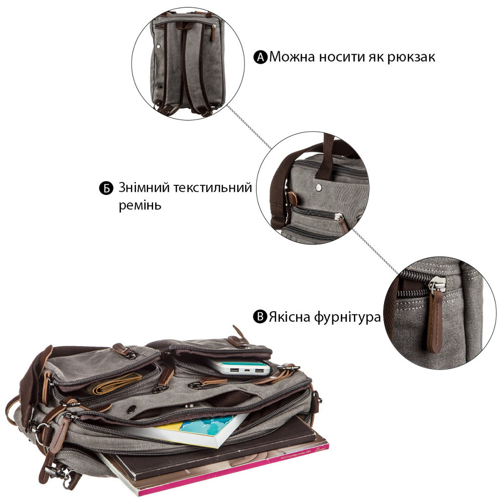 Сумка-трансоформер текстильна Vintage 20145 Сіра Київ - фото 3