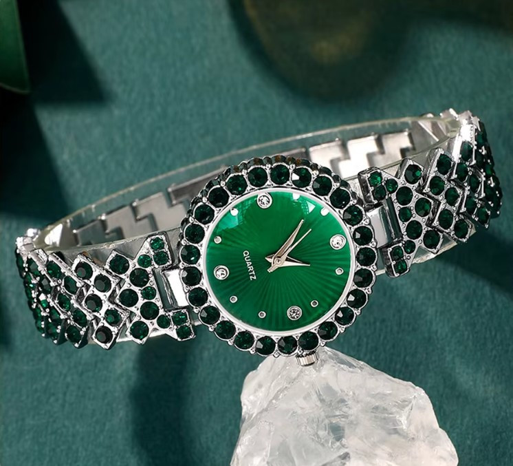 Жіночий подарунковий набір Emerald Shine годинник браслет кольє сережки каблучка зелений Київ - фото 4