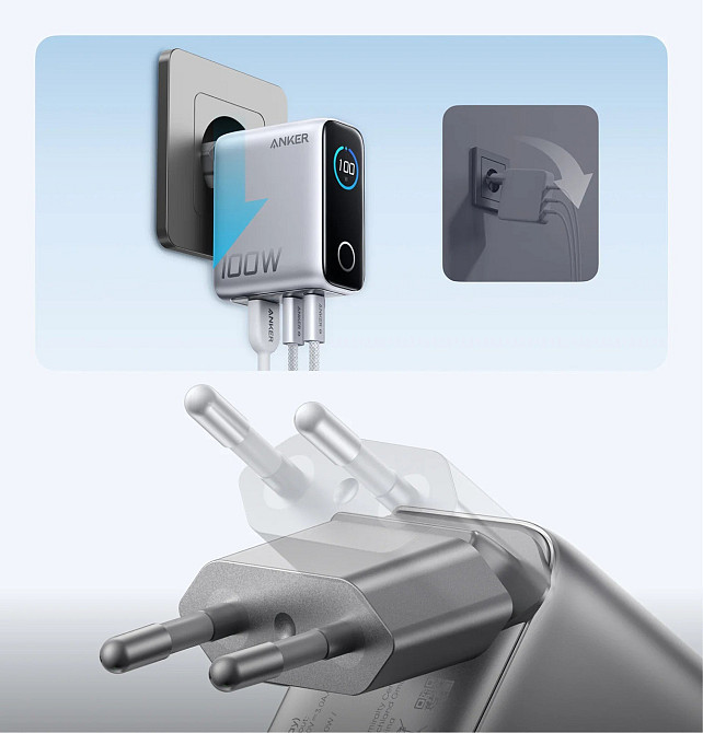 Мережевий зарядний пристрій Anker GaN Charger 100 W, 2xUSB-C, 1xUSB-A, Display Silver (B121BG41) + кабель USB Type-C ( 16689 ) Харьков - изображение 2