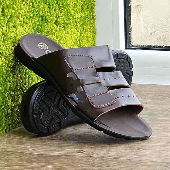 Мужские Шлёпанцы Тапочки Сланцы Коричневые Кожаные (размеры: 41,42,43,44,45) Днепр