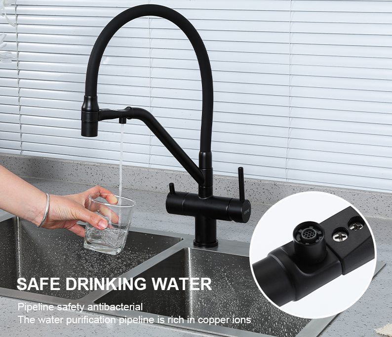 Кухонний змішувач Koer KB-72006-05 для питної води з гнучким виливом на підставці латунь/чорний (KR3380) Чернівці - фото 2