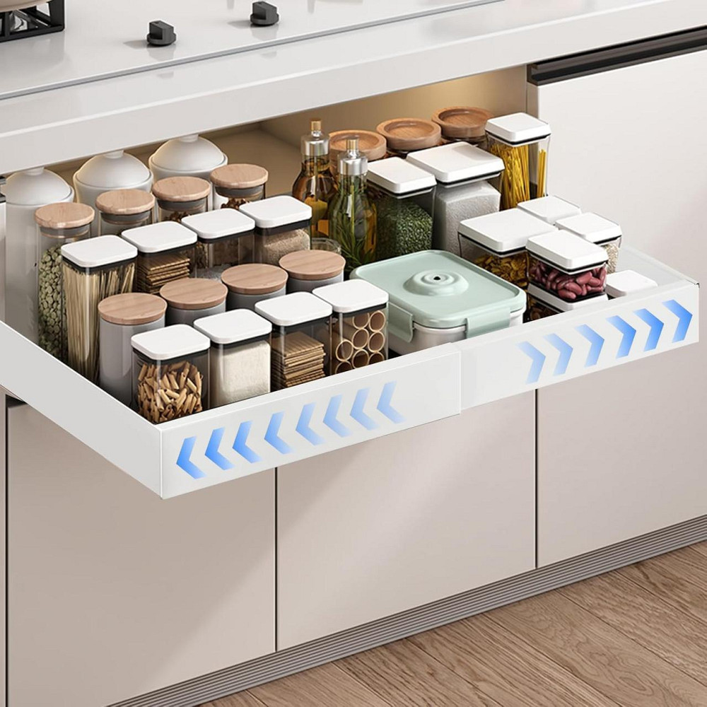 Телескопічна висувна шухляда 32-52 см для шафи, кухні, мийки, ящик органайзер для спецій посуду приборів, білий на клейкій основі Київ - фото 1