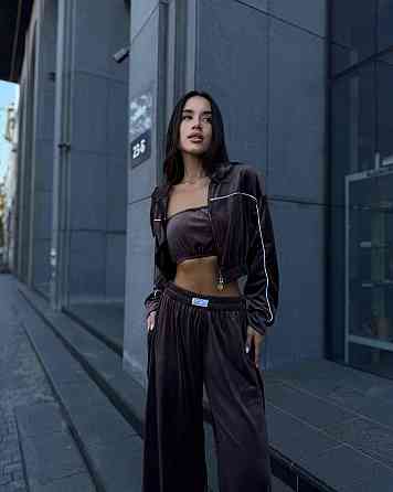 Жіночий теплий стильний костюм-трійка з м'якого велюру. Шоколад, 42/44 Одеса