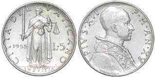 Монета 5 лир. 1951-55 год, Ватикан. Полтава