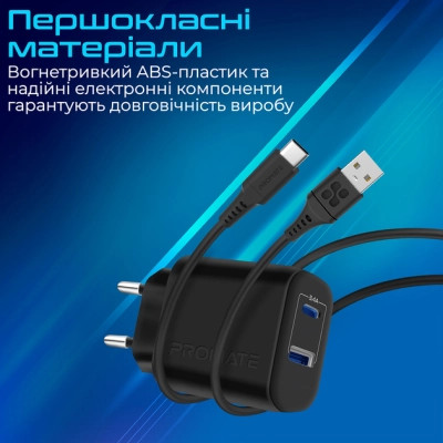 Зарядний пристрій Promate biplug-2 USB-C + USB-A 17W Black (biplug-2.black) Вінниця - фото 6
