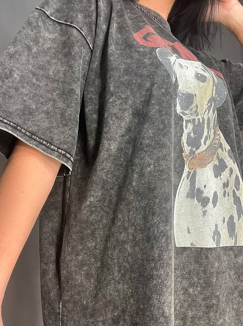 Футболка жіноча E-F 8089 варена тай дай оверсайз з малюнком собаки далматинець темно сіра, темно-сірий, 48 Київ - фото 13