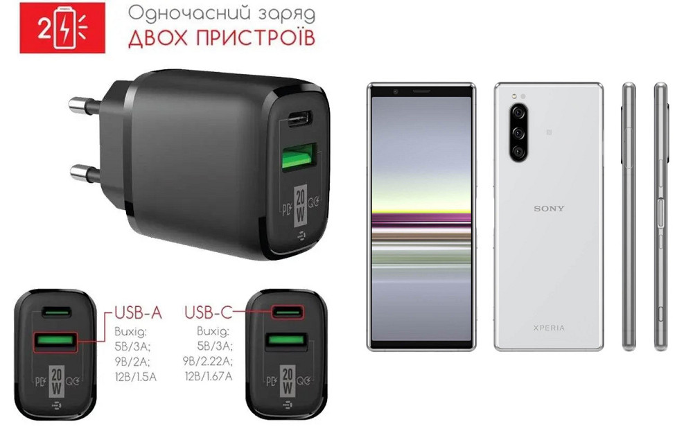 Сетевое зарядное устройство для Sony Xperia 5 J9210, 20W 3A, Quick Charge 3.0 Киев - изображение 1