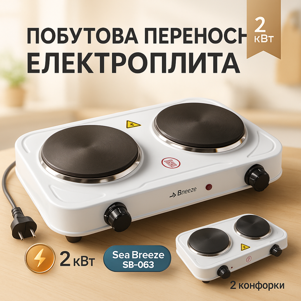 Компактна побутова електроплита Sea Breeze SB-063 2000Вт, Плита електрична двоконфорочна FZ-31 Львів - фото 12