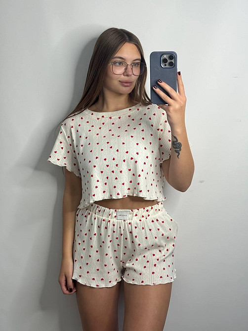 Женский трикотажный комплект для дома Красные сердечки XS-S Харьков - изображение 2