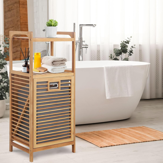 Бамбуковый стеллаж с откидной крышкой, 2 выдвижные корзины для белья + открытая полка, 95x40x30см Каменец-Подольский