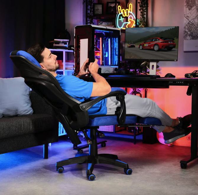 Геймерское компьютерное кресло черное с синим Sporte для дома, игровое кресло с выдвижной подставкой для ног Киев - изображение 8