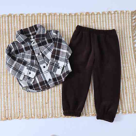 Коричневый теплый детский комплект из флиса тедди (рубашка в клетку+толстовка+брюки) Каменец-Подольский