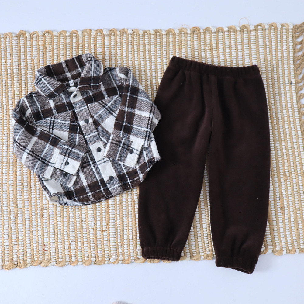 Коричневый теплый детский комплект из флиса тедди (рубашка в клетку+толстовка+брюки) Каменец-Подольский - изображение 5