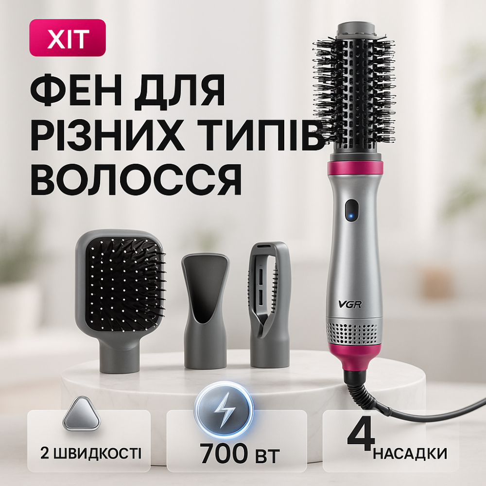 Фен для волосся з холодним обдуванням, Функціональна щітка для сушіння Електричний фен укладання TO-47 Львів - фото 13