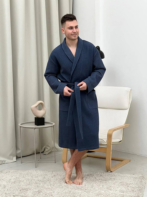 Халат чоловічий вафельний банний синій без капюшона COSY Сапфір бавовняний XL Одеса - фото 4