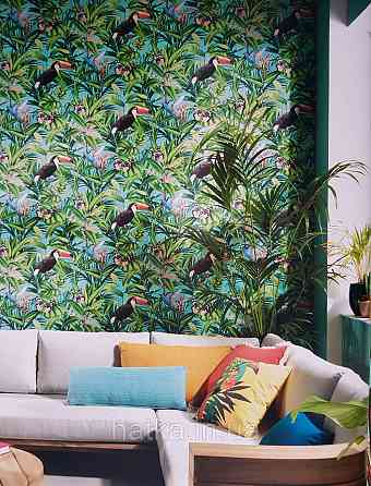 Шпалери метрові вініл на флізелін Erismann Nature soul квіти листя тропіки птиці метелики на бірюзовому Київ