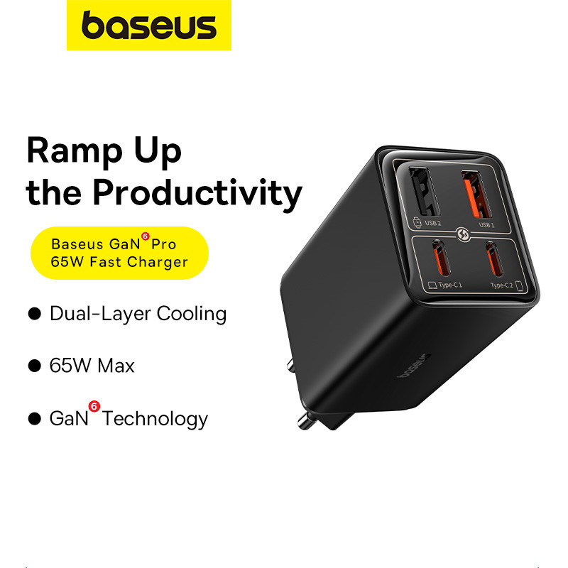 Мережевий зарядний пристрій з кабелем Baseus GaN6 Pro Fast Charger 2C+2U 65W  EU Cluster Black((With Type-C to Type-C 100W(20V/5A) Київ - фото 9