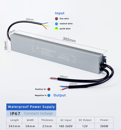 DUSKTEC LED блок питания 12 В 300 Вт 25 А IP67, AC 180–260 В → DC 12 В, тонкий алюминиевый корпус Киев