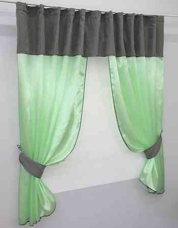 Кухонные шторы VR-Textil № 073к с ламбрекеном и подхватами салатовый с серым 290х170 см (52-0272) Киев
